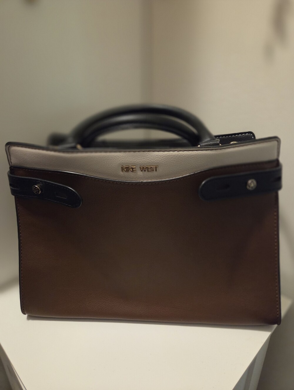 Nine West Brown, Cream & Black Structured Leather Handbag